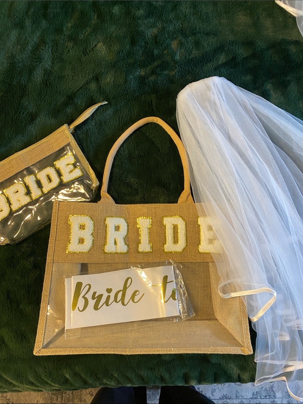 Bride Tote, Sash, Veil & Pouch Set in White and Gold